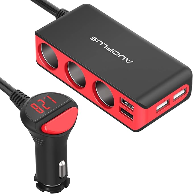 AUOPLUS 120W 3 Socket Cigarette Lighter Splitter Car Charger Adapter, LED Voltage Display Dual 4 USB Chargers(6.8A), Car Charger On/Off Switches 12V for iPhone iPad Samsung GPS Dashcam