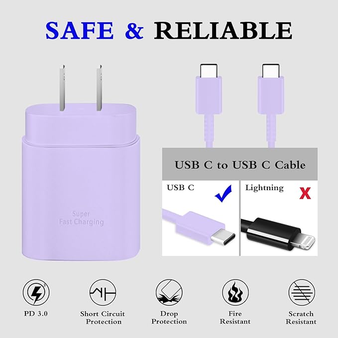 Type C Charger, 2-Pack 25W Type C Fast Charging Block with 6ft USB C Charger Cable Compatible with Galaxy S23 Ultra/S23+/S22/S21/S20/Phone 16/16 Plus/16 Pro Max/15/15 Pro Max/15 Plus-Purple