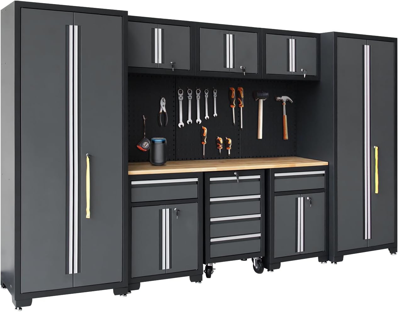 Garage Storage Cabinet System 9-Pcs Workshop Set Garage Cabinets and Storage System with Steel Cabinet Drawers, Rolling Chest, Workbench, Pegboard for Garage Tool Organization, Black and Grey