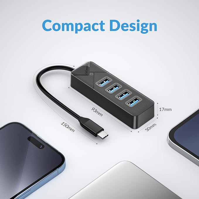 GiGimundo 4-Port USB C Hub for Laptop, USB C to USB Hub Multiport Adapter 5Gbps Transfer, USB C Splitter for Laptop, MacBook Pro/Air, iPad Pro, Dell, Chromebook, Keyboard, Mouse, HDD, Black