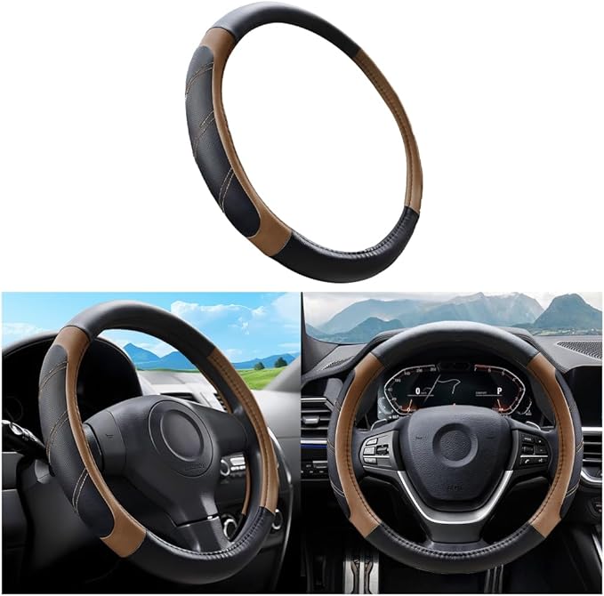 Mandark Car Steering Wheel Cover, Elastic Sport Leather Vehicle Steering Wheel Protector, Non-Slip Soft Grip Padded Auto Interior Protective Accessories, 14.5-15 Inch Universal Fit（Coffee）
