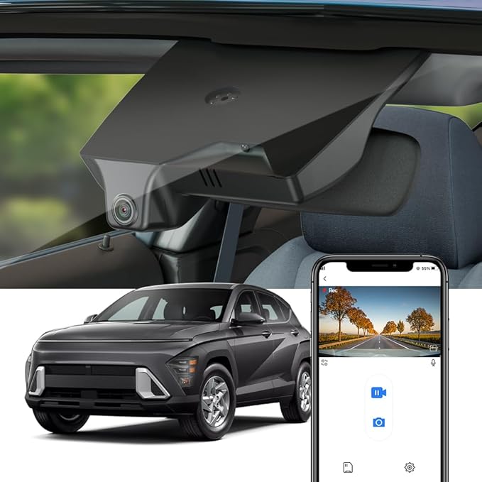 Fitcamx 4K Dash Cam Suitable for Hyundai Kona 2023 2024 2025 & Kona Electric (Part No#BE010) with Auto-Dimming, OEM Look, 2160P UHD Video, WiFi & APP, Loop Recording, G-Sensor, Plug & Play, 64GB Card
