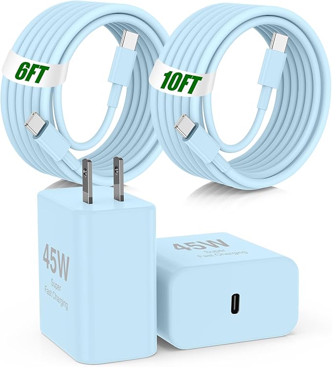 45W Super Fast Charger Type C for Samsung,2Pack USB C Fast Charging Block with 10/6FT Type C Charging Cord for Samsung Galaxy S24/S23/S22,Android,Galaxy Tablet,iPhone 17 16 Pro Max-Blue