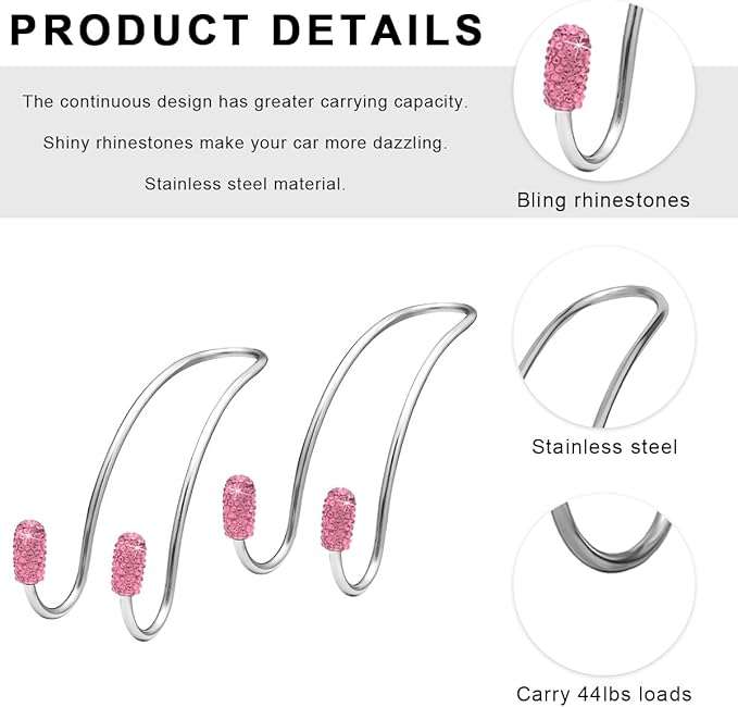 2PCS Car Headrest Hook, Bling Diamond Auto Hooks Stainless Steel Backseat Hangers, Universal Rhinestone Cute Seat Back Organizer Hanger for Purse Bag Clothes, Car Accessories (Pink)