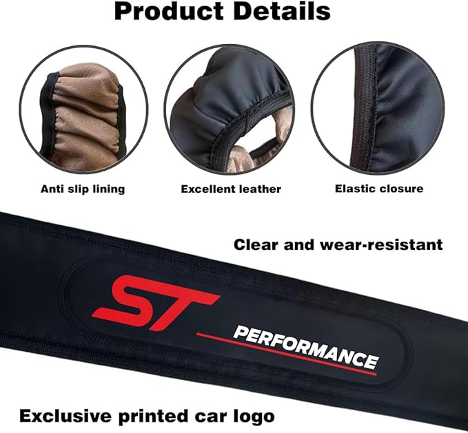 Black Leather Steering Wheel Cover,Elastic Breathable Design,Universal 14-15 Inch Compatible with ST Focus Mondeo Explorer kuga Fiesta Edge Car Accessories