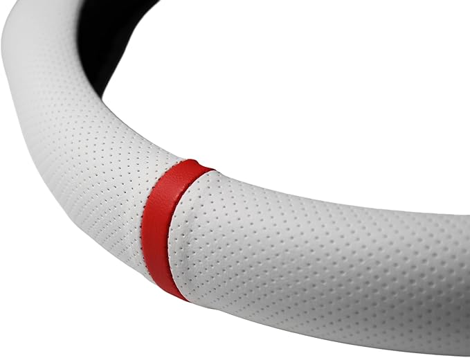 Quick Install Sporty White Perforated Nappa Leather Steering Wheel Cover with Red Top Stripe for Car SUV Pickup White Trim