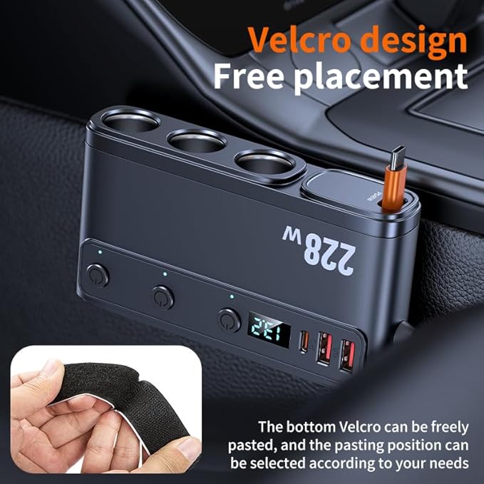 228W Car Charger Cigarette Lighter Splitter with Retractable USB-C Cable, 9-in-1 Multi-Port Car Power Adapter, Dual PD Fast Charging, LED Voltmeter for 12V–24V Vehicles