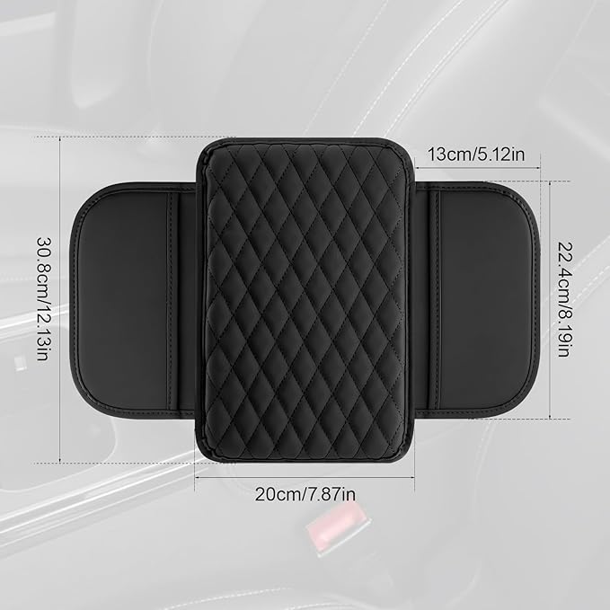 Car Center Console Cover with 2 Storage Pockets, Waterproof PU Leather Car Armrest Cover Cushion, Universal Car Armrest Seat Box Pad Car Interior Accessories for Most Vehicle (Black)