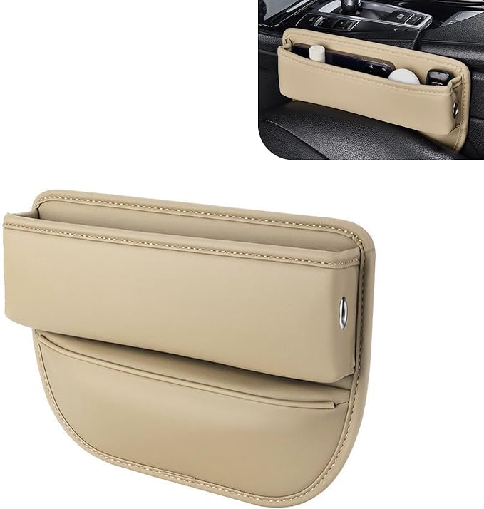 Car Seat Gap Filler Organizer, Waterproof Anti-Slip Leather Front Seat Side Storage Bag for Phones, Keys, Glasses, Cards, Universal for Most Cars (Beige)