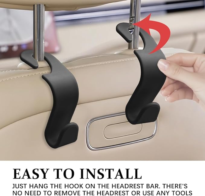 4PCS Car Seat Headrest Hooks, Purse Hook for Car, Auto Back Seat Organizer Storage Hanger Holder, Auto Accessories Multi-Use Portable Headrest Organizer Holder for Purse Handbag Coats (Black)