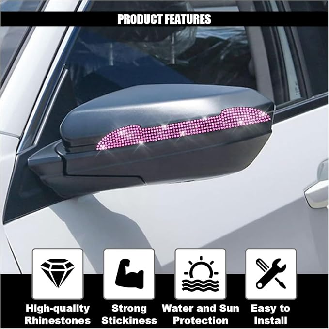 4PCS Bling Car Door Handle Scratch Protector, Crystal Rhinestone Sticker Car Door Edge Guard, Side Rearview Mirror Anti-Collision Strip, Exterior Accessories for Women Men (Pink)
