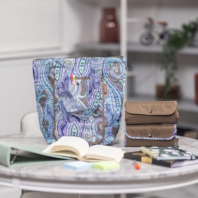 Sachi 3 Piece Market Tote Set Insulated Thermal Reusable Grocery Bags for Cold and Hot Foods Lightweight, Portable and Foldable Brown Damask Paisley