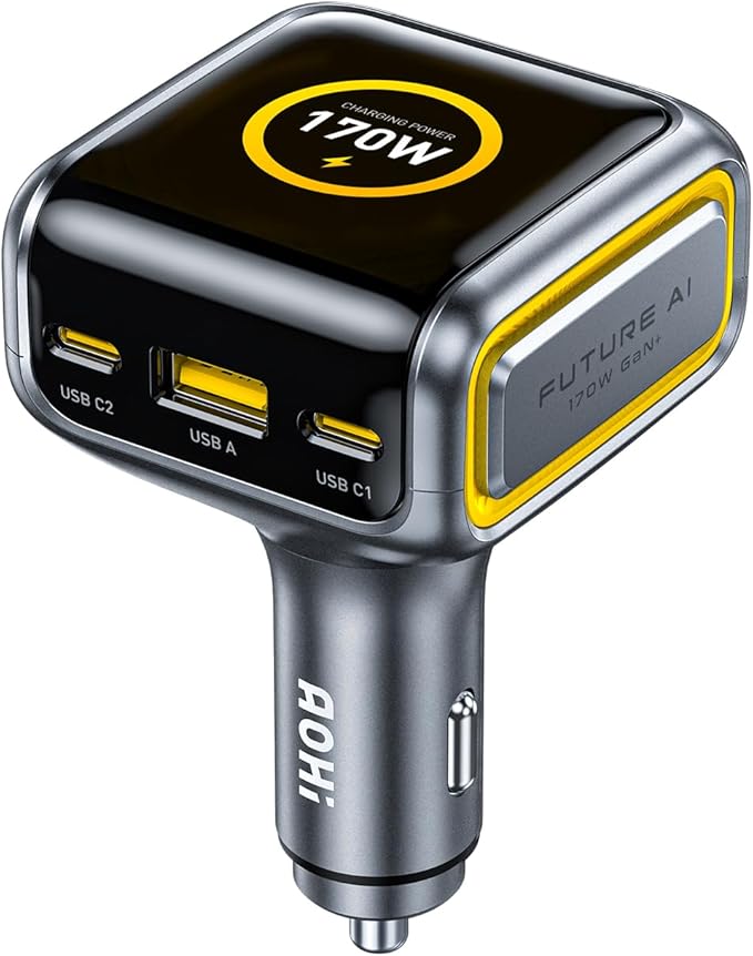 AOHI SUPERAUTO 170W Car Charger with TFT Smart Display, 140W PD 3.1 USB C Fast Charging Car Adapter, Compatible with MacBook Pro, Laptops, iPhone 17 Pro Max, Galaxy S25 Ultra