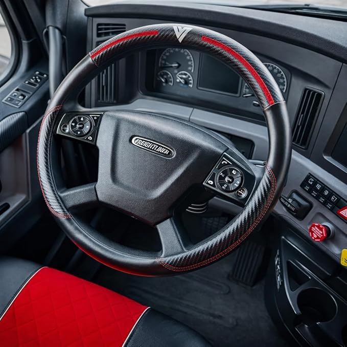 18-Inch Genuine Leather Steering Wheel Cover for Semi Trucks – Black with Red Stripes, Universal Fit Heavy-Duty Non-Slip Grip, Comfortable Control, Easy Installation