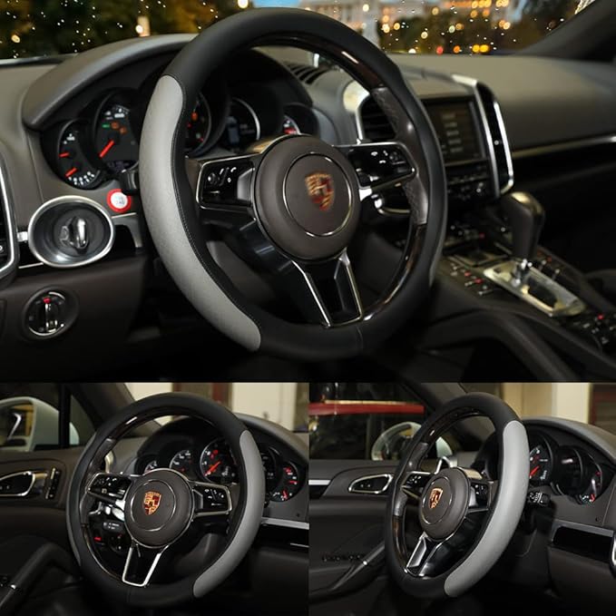Steering Wheel Cover, Microfiber Leather Splicing with Classic Embossing,Contrasting Colors Anti-Slip Breathable Auto Car Steering Wheel Cover Fit 15 Inch Car Wheel Protector (Black&Gray)