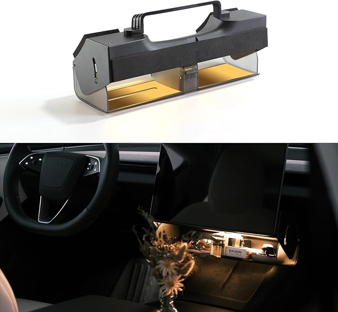 TPARTS Hidden Magnetic Under Screen Storage Box for Tesla Model 3 Highland 2024+/Model Y Juniper 2025+, Console Organizer Dashboard Tissue Holder with Warm White Light (Standard/Premium/Performance)