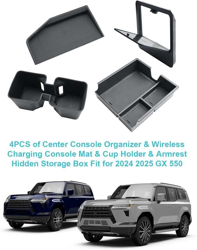 CDEFG 4Pcs for 2024 2025 2026 Lexus GX 550 Center Console Organizer 2024-2026 GX550 Accessories Middle Console & Armrest Hidden Storage Box & Cup Holder & Wireless Charging Mat(Not for Cool Box)