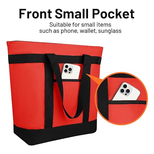 CIVJET Insulated Reusable Tote Bag for Grocery Shopping for Women, Pizza/Food Delivery Bag to Keep Food Cold/Hot for Commercial Food Transport, Cooler bags for Travel/Beach/Picnic, Non-Waterproof, Red