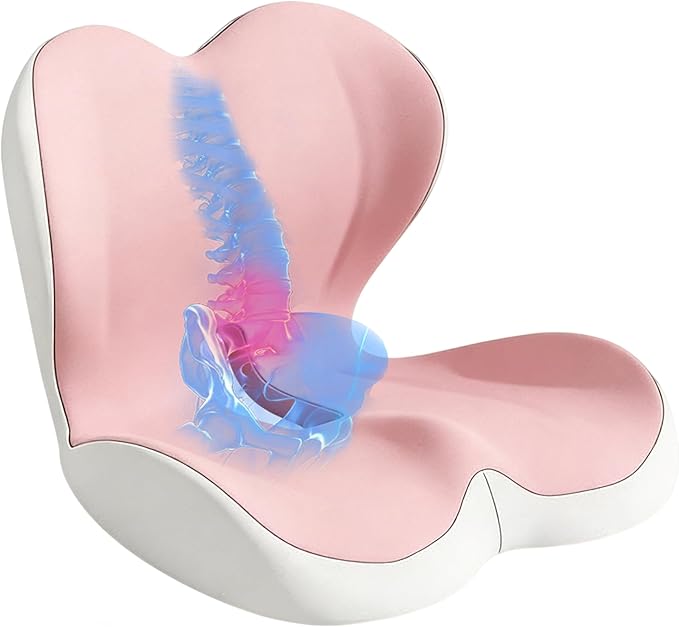 Seat Cushion for Office Chair and Car, Lumbar Support Pillow for Office Chair, Memory Foam Ergonomic Seat Cushion for Long Sitting, Back & Tailbone Pain, Sciatica - Pink & Gray