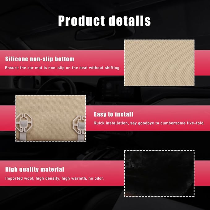 Sheepskin Car Seat Cushion, Comfortable Soft Fur Wool Auto Front Seat Cover, Vehicle Seat Protector Pad for Warm Winter Office Chair, Universal Decor Car Accessories (Black)