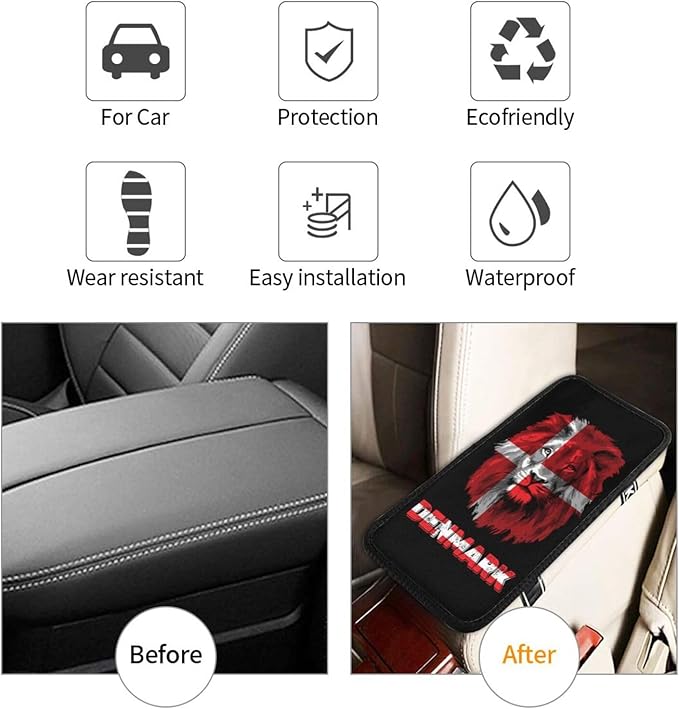 Vintage Denmark Danish Flag Lion Head Auto Center Console Armrest Cover Car Handrail Box Cushion Pad Mat Universal Fit Most Vehicle Sedan Truck SUV Soft Comfort Decor Accessories