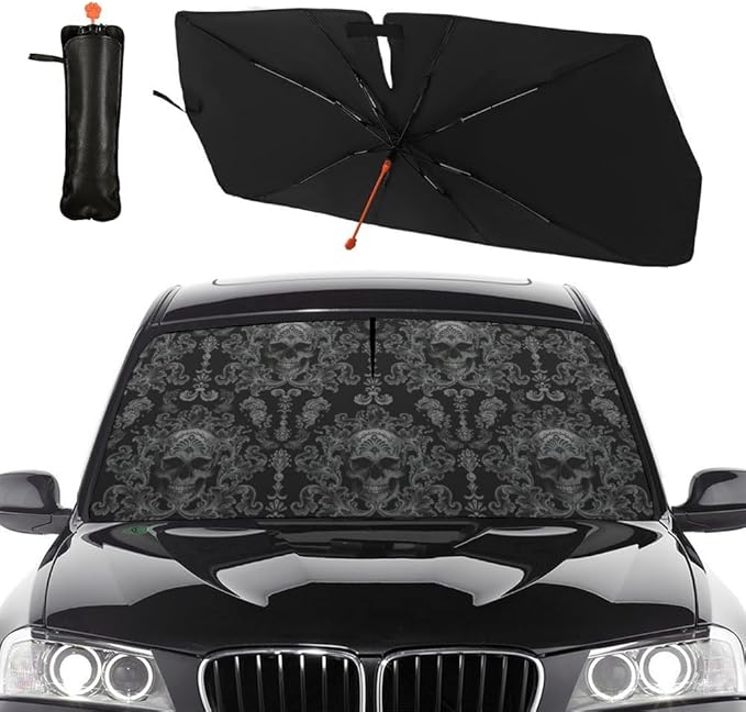 Socira Gothic Skull Car Windshield Sunshade Umbrella Foldable Umbrella Sun Shade Windshield Cover Sunshade Skull Accessories Blocks Uv Rays Keeps Cool (57" X 30")