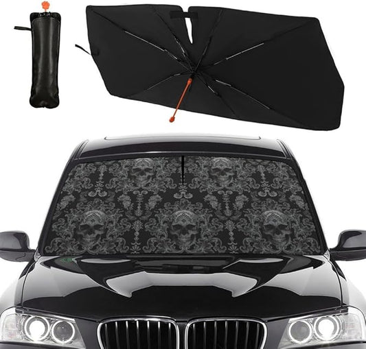 Socira Gothic Skull Car Windshield Sunshade Umbrella Foldable Umbrella Sun Shade Windshield Cover Sunshade Skull Accessories Blocks Uv Rays Keeps Cool (57" X 30")