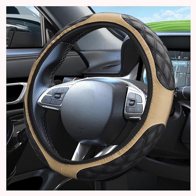 15 Inch Car Steering Wheel Covers with Double Colors,Non-Slip Leather Steering Wheel Cover for Protecting Steerings Wheels,Universal Cars Decorations Car Wheels Cover (Beige)