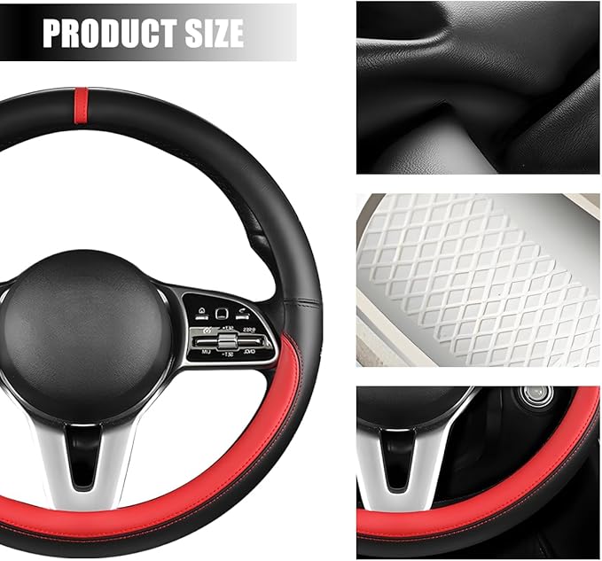 Car Steering Wheel Cover, 15 Inch Leather Anti-Slip Breathable Vehicle Steering Wheel Protector, Automotive Interior Protection Accessories, Universal for SUV Sedan Truck (Black/Red)