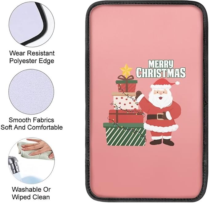JEOCODY Pink Merry Christmas Santa Claus Console Armrest Cover Pads Car Interior Accessories Decor Seat Box Cover Protector