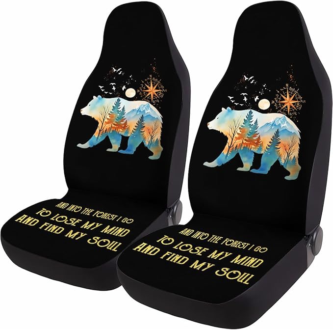 GENANY Camping Themed Car Seat Covers Set of 2, Wildlife Bear Breathable Front Seat Covers for Truck Sedan SUV, Bear Car Accessories, Hiking Themed Gift for Women Men