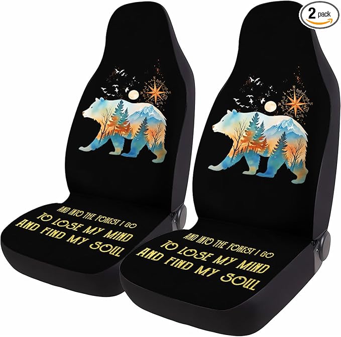 GENANY Camping Themed Car Seat Covers Set of 2, Wildlife Bear Breathable Front Seat Covers for Truck Sedan SUV, Bear Car Accessories, Hiking Themed Gift for Women Men