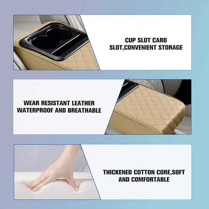 Car Center Console Armrest Pillow, Vehicle Armrest Seat Box Cushion Pad with Cup Holder & Phone Holder, Comfortable Auto Middle Console Cover, Universal for SUV RV Truck (Diamond, Beige)