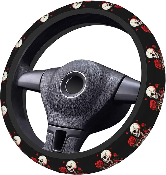 Ouqiuwa Red Rose Skeleton Steering Wheel Cover Women, Comfortable Elastic Steering Car Wheel Cover Fit 15 inches Universal Accessories Suvs Trucks Decor