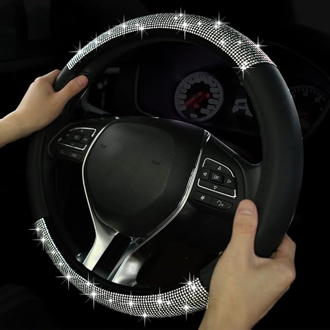 Diamond Steering Wheel Cover, Crystal Rhinestone Steering Cover, 15 Inch Steering Wheel Protector for Women or Men, Easy Installation and Cleaning (Silver Diamond)