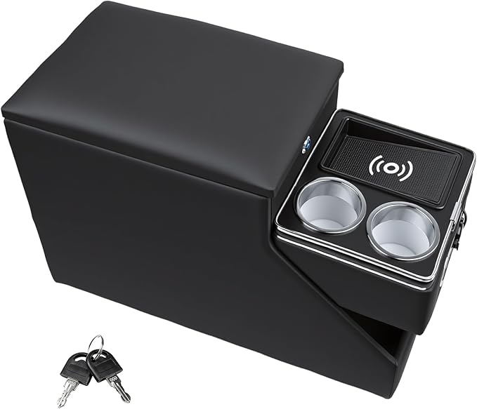 Vehicle Center Console Organizer with 7-Color Ambient Light & 10W Wireless Charging - Lockable Storage & Dual Cup Holders for Minivans, SUVs & Vans 10.24 inch Wide