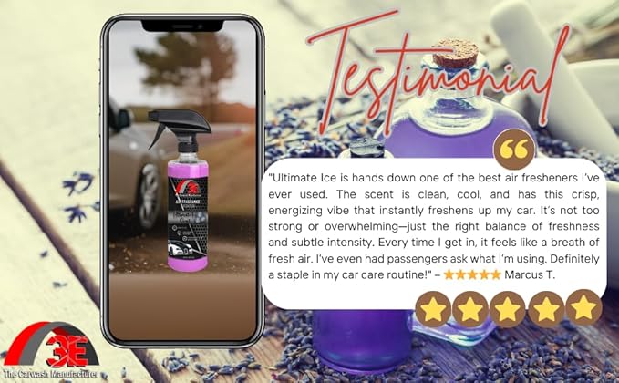 3E Car Air Freshener Premium Ultimate Ice Scent 16 fl oz – Professional Automotive Air Freshener & Odor Eliminator, Long-Lasting Interior Fragrance for Cars, Trucks, SUVs, RV, Home & Office