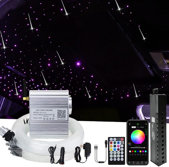 FIREWORK Meteor+Twinkle 10W Starlight Headliner Kit Bluetooth APP/Remote Music Mode RGBW LED Fiber Optic Light Star Ceiling Light Kit 550pcs 13.1ft/4m 0.03in/0.75mm Fiber Cable + Shooting Star kit