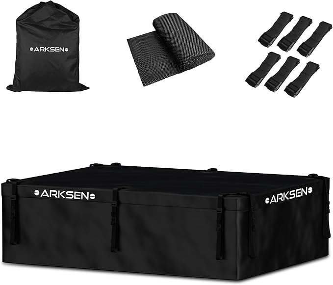 ARKSEN Rooftop Cargo Carrier Bag Extra-Wide 31.5 Cubic Feet Waterproof Heavy Duty Car Roof Rack Bag for Full-Size Cars with 10 Reinforced Straps, 6 Door Hook Straps & Anti-Slip Mat