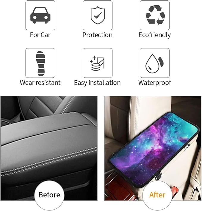 Galaxy Cosmic Center Console Armrest Cover Outer Space Arm Rest Box Lid Console Covers Nebula Fantasy Arm Rest Pads Fit for Most Cars Sedans Vans Truck Vehicles SUV