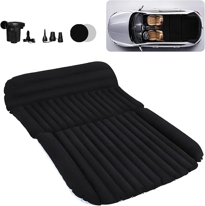 SUV Car Air Mattress – Inflatable Back Seat Bed with Electric Air Pump, Portable Camping Travel Sleeping Pad, Blow Up Car Bed (Black)