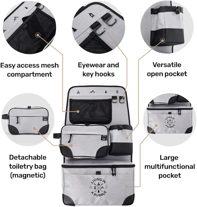 Living in a Bubble Seat back Organizer – Magnetic Toiletry and Cooler Pouch, Cordura Car Backseat Storage with Device Holder & Hooks, Multi-Compartment Utility Bag for Campervans & Family Travel