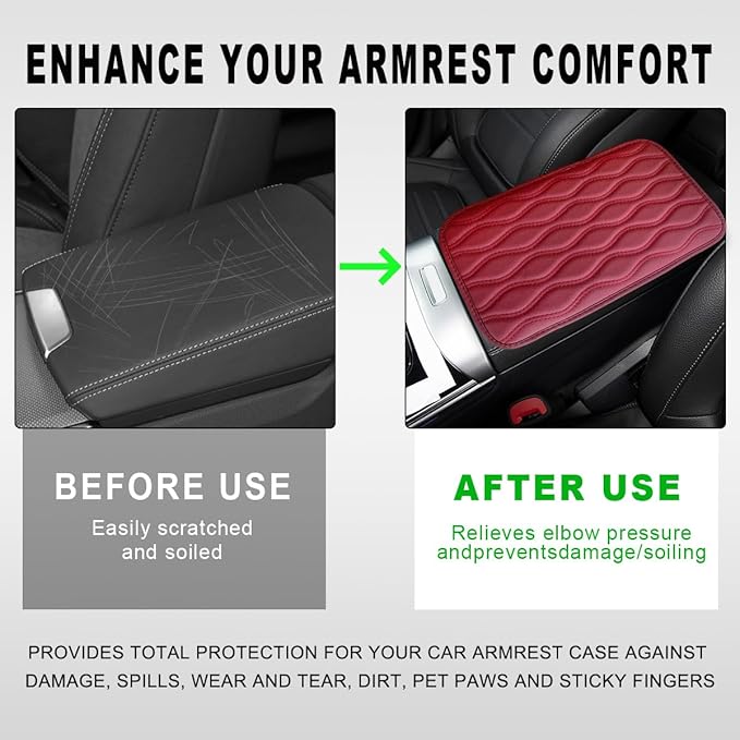 Car Center Console Cushion Pad, 12.48×7.40 Inches Waterproof Car Armrest Seat Box Cover, Comfortable PU Leather Vehicle Armrest Cover Protector, Car Decor Interior Accessories (Wine Red)