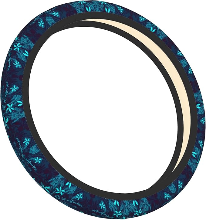 Polynesian Teal Tribal Leaf Floral Car Steering Wheel Cover for Women Men Stretch Cloth Anti-Slip Wrap Protector Case Fit Universal Auto Accessories Decor Sweat Absorption 14-15 Inch