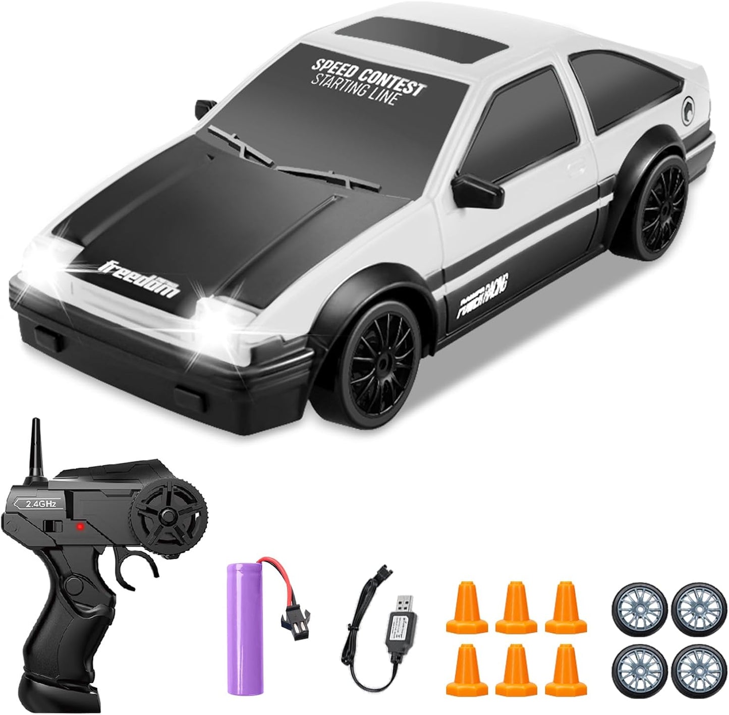RC Drift Car 1/24 2.4GHz Remote Control Cars, 4WD High Speed Drift RC Cars with Cool LED Lights, Extra Drifting Tires Racing Toys Car for Kids Boys Girls Adults (White)