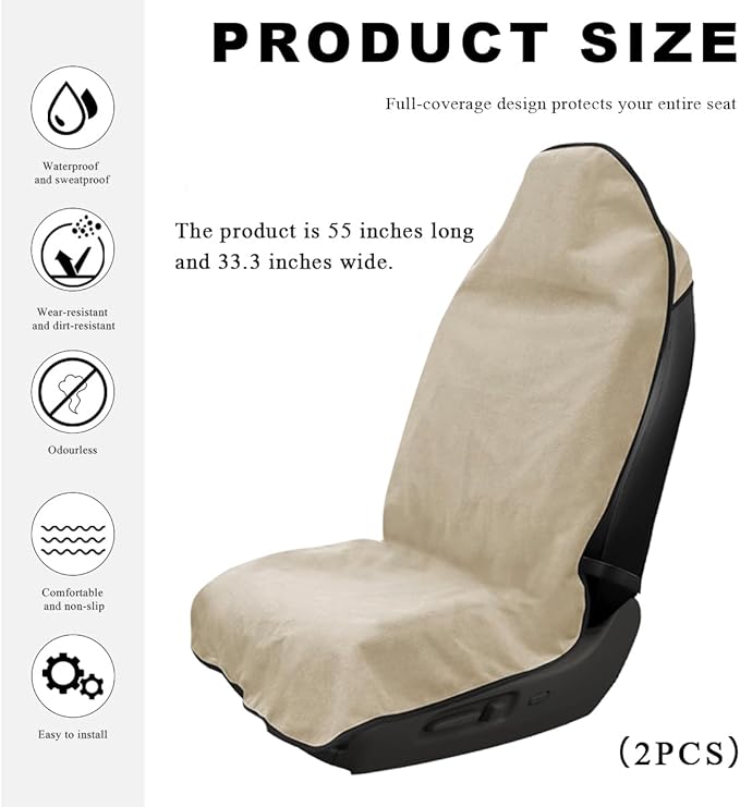 2PCS Car Towel Seat Cover, Waterproof Sweating Non-Slip Premium Soft Towel Carseat Protector, Universal Machine Washable Car Truck SUV Front Seat Cover for Gym Workout Beach Hiking (Beige)