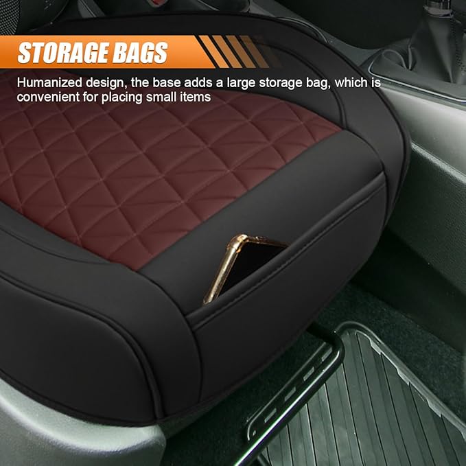 Luxury Faux Leather Car Seat Cover, Anti-Slip Waterproof Universal Front Bottom Seat Protector with Storage Pocket, Triangular Pattern Vehicle Seats Cushion for Sedans, SUVs, Trucks (Black&Red)