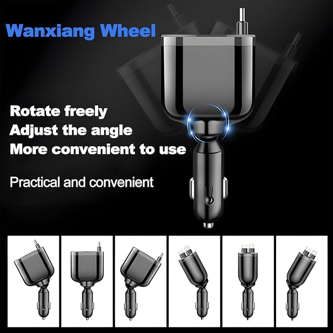 Ankuee Retractable Car Charger, 4 in 1 Super Fast Vehicle Phone Charger Adapter, Auto Cellphone Charging Accessories with Dual Type C Cables & 2 USB Ports, Universal for SUV, Sedan, Truck