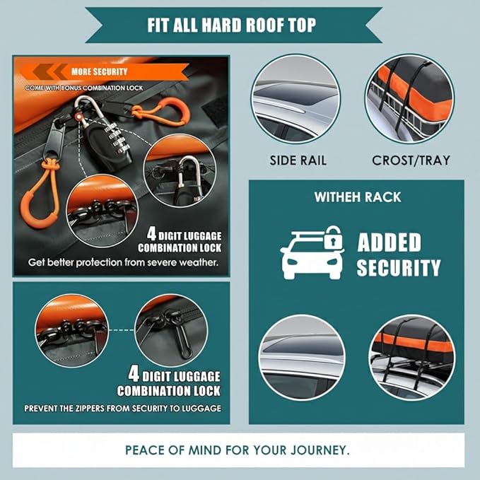 15cu ft Waterproof Car Roof Bag - Universal Fit, Anti-Slip Mat, 8 Straps & Lock Included