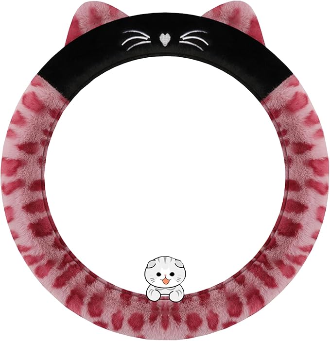 Dotesy 3D Ear Furry Cheetah Car Steering Wheel Cover Set Fluffy Faux Wool Steering Wheel Protector Leopard Anti-Slip Soft Warm Car Accessories for Women (Pink)